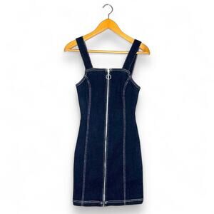 Topshop Women's 90s Style Zip Front Denim Dress Size US 4 Indigo Dark Wash Jean